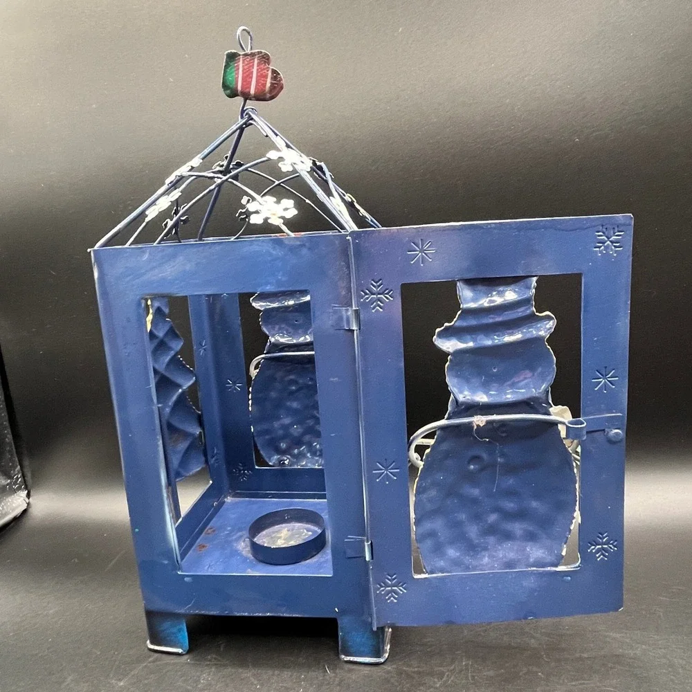 Blue Metal Christmas Lantern Snowman and Tree Holiday Tea Light Holder 11x4.5